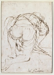 Homme agenouillé - Dessin au crayon - Guercino