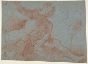 Vieil homme assis avec le bras droit levé (Tithonus) (recto) - Guercino