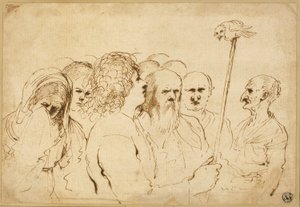 Groupe de figures, avec hibou sur un poteau