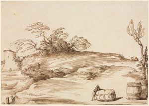 Paysage avec un homme appuyé sur une balle, vers 1640 - Guercino