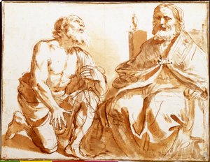 Évêque assis et saint agenouillé