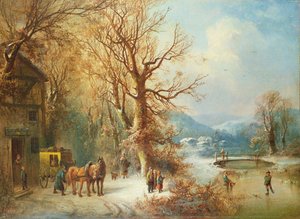 Coche et chevaux dans un paysage enneigé