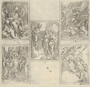Cinq scènes numérotées, chacune d