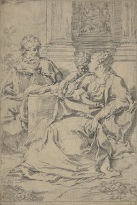La Sainte Famille assise ensemble devant une colonnade, Saint Joseph lisant - Guido Reni
