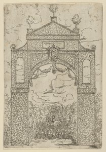 Arc de triomphe couvert de feuillage avec des troupes montées en dessous, une décoration temporaire pour, 1599 - Guido Reni