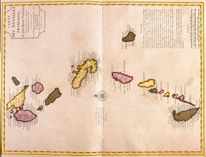 Cartes des îles des Caraïbes (Guadeloupe, Marie Galante, Dominique, Martinique, Sainte-Lucie, Saint-Vincent, Barbade, Grenadines et Grenade) - Guillaume Delisle