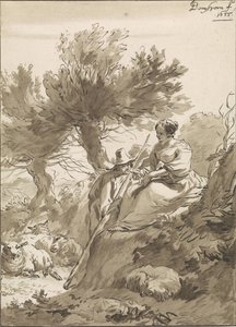 Paysage avec berger et bergère et leurs moutons