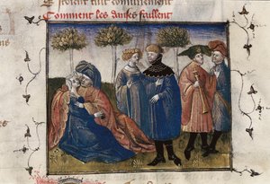 Scène galante de courtisans, miniature dans "Roman de la Rose" de Guillaume Lorris - Guillaume de Lorris
