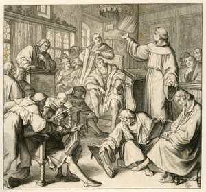 Martin Luther en discussion avec Dr. Johannes Eck (Johann Maier von Eck) (1486-1543), à côté de Luther se trouvent Philipp Melanchthon (1497-1560) et Karlstadt (Andreas Rudolf Bodenstein von Karlstadt)