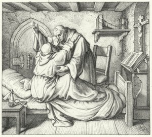 Martin Luther est consolé par un moine pendant son tourment spirituel au monastère (gravure)