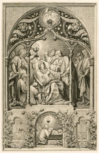 La mort de Martin Luther, ses deux fils agenouillés devant lui, Dr. Justus Jonas prononçant les derniers mots, derrière eux Michael Coelius priant, Johannes Aurifaber avec un candélabre, le docteur Simon Wild avec des médicaments et à droite le comte Albre - Gustav Ferdinand Leopold Konig