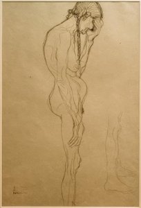Vieille femme debout de profil vers la droite, étude de jambe - Gustav Klimt