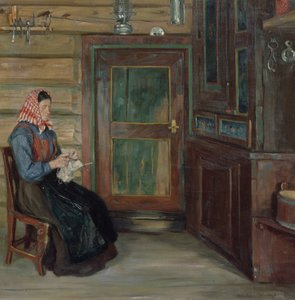 Intérieur de ferme avec femme tricotant - Gustav Wentzel