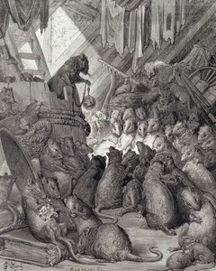 Le Conseil tenu par les rats, des Fables de La Fontaine, gravé par Antoine Valérie Bertrand - Gustave (after) Dore