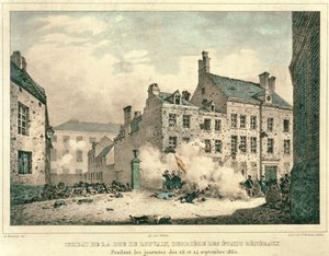 Combats dans la rue de Louvain, Bruxelles, derrière les États Généraux, 23-24 septembre 1830, gravé par Jean Baptiste Madou (1796-1877) - Gustave Adolphe after Simoneau
