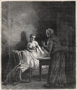 Marguerite entre dans la chambre de Fantine et Fantine lui montre deux Napoléons (pièces) qui peuvent sauver Cosette, sa fille - Illustration par Gustave Brion (1824-1877) pour « Les Misérables - Première partie : Fantine » de Victor Hugo (1802-1885) 1862 - Gustave Brion