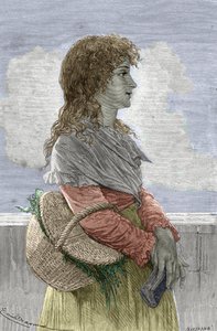 Révolution française : "Portrait de Manon (Jeanne Marie) Roland Philipon dite Madame Roland (1754-1793), membre du parti Girondin, jeune fille" - Gravure de "Femmes illustres" par Gustave Demoulin - 1887