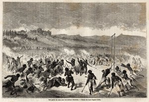 Un jeu de balle parmi les Indiens Choctaws, tribu de la région du Mississippi, dessiné par Gustave Doré (1832-1883), pour illustrer le voyage du Mississippi à l
