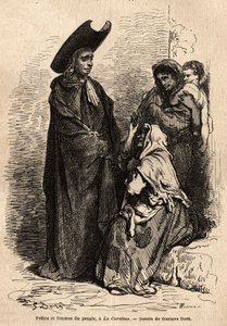 Un prêtre et une femme du peuple, vêtus de haillons ; les mendiants professionnels espagnols installés sur les parvis des églises pour exploiter habilement la charité chrétienne. Gravure pour illustrer le voyage - Gustave Dore