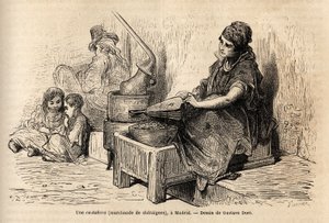 Une marchande de châtaignes en plein air, avec son four portable, croquis sur le vif à la Puerta del Sol, à Madrid. Gravure par Gustave Doré (1832-1883) pour illustrer son voyage en Espagne, avec Ch. Davillier (éditeur), en 1862, publié dans "Le tour du mo - Gustave Dore