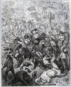 Bataille avec les muletiers - Les Yangois ont utilisé leurs bâtons - de "Don Quichotte de la Manche" par Miguel Cervantes (1547-1616) - Gravure sur bois d