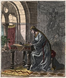 Bertrade de Montfort, reine de France (épouse de Philippe Ier roi de France) à Fontevrault - Gravure par Gustave Doré du 19ème siècle dans « Histoire nationale illustrée de la France des temps les plus reculés à nos jours » 1876 - Collection privée - Gustave Dore