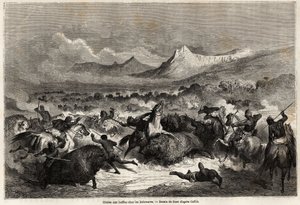 Chasse au bison parmi les Delawares, Amérindiens vivant sur les rives de la rivière du même nom, dessin par Gustave Doré (1832-1883), pour illustrer le voyage du Mississippi à l