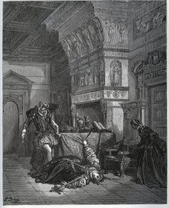 Camille feint le suicide devant Lothaire et Léonella - de « Don Quichotte de la Manche » par Miguel Cervantes - Gravure sur bois d