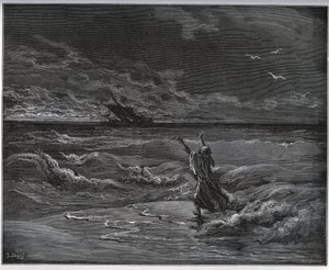 Histoire du captif. Aagi-Morato, le père de Zoraïde, est en barque sur le rivage de « Don Quichotte de la Manche » par Miguel Cervantes (1547-1616) (Don Quichotte) - Gravure sur bois d