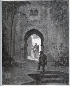 Histoire de captive. Première rencontre de la captive avec Zoraïde dans le jardin du père, qui la ramène après sa feinte malaise - de "Don Quichotte de la Manche" de Miguel Cervantes