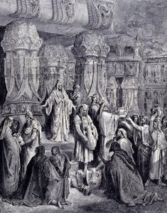 Cyrus II le Grand (580 av. J.-C. - 530 av. J.-C.) libère les peuples captifs à son arrivée à Babylone en 539 av. J.-C. et rend au peuple juif les vases sacrés qui avaient été pris comme butin dans le temple de Jérusalem. Gravure de Gustave Doré. - Gustave Dore