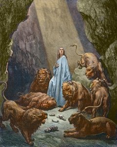 Daniel est jeté dans la fosse aux lions - Daniel dans la fosse aux lions - gravure par Gustave Doré - coloration ultérieure. - Gustave Dore