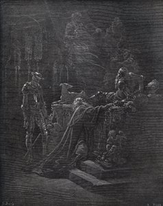 Don Quichotte, Montesinos et Durandarte, dans la grotte de Montesinos - de « Don Quichotte de la Manche » par Miguel Cervantes (1547-1616) - Gravure sur bois d