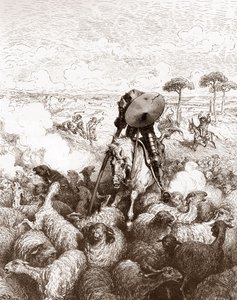 Don Quichotte attaque le troupeau de moutons. Gravure de Gustave Doré pour "L