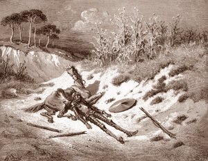 Don Quichotte après sa défaite, Quichotte appelle sa dame idéale Dulcinée del Toboso. Gravure de Gustave Doré pour "L