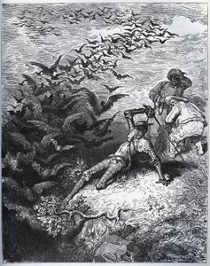 Don Quichotte à la grotte de Montesinos - Un nombre infini de corbeaux et de freux sortent de la grotte de Montesinos, renversant Don Quichotte au sol (II, 22) - de « Don Quichotte de la Manche » de Miguel Cervantes (1547-1616) - Gravure sur bois d