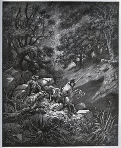 Don Quichotte et Sancho Panza continuent leur voyage dans la Sierra Morena à la recherche de la Deguenille-de-la-Malaise-Mine - de "Don Quichotte de la Manche" par Miguel Cervantes (1547-1616) - Gravure sur bois d