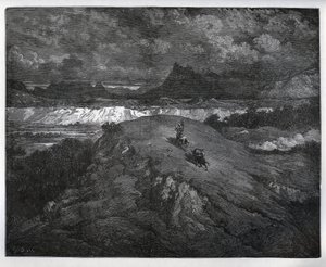 Don Quichotte et Sancho Panza continuant leurs aventures dans une région montagneuse, Sierra Morena - de "Don Quichotte de la Manche" par Miguel Cervantes (1547-1616) - Gravure sur bois d