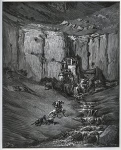 Don Quichotte et Sancho Panza découvrent la cause de leur inquiétude, une cascade et un moulin à foulon - de "Don Quichotte de la Manche" par Miguel Cervantes (1547-1616) - Gravure sur bois d