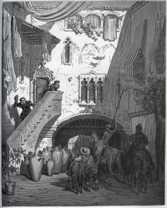 Don Quichotte et Sancho Panza, invités par Don Diego de Miranda chez lui, sont accueillis par la femme et le fils du gentilhomme - de "Don Quichotte de la Manche" par Miguel Cervantes (1547-1616) - Gravure sur bois d