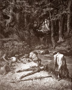 Don Quichotte et Sancho Panza se rafraîchissent à un ruisseau Gravure de Gustave Doré (1832-1883) pour « L