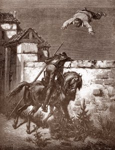 Don Quichotte ne parvient pas à arrêter les lanceurs de Sancho Panza qui le font rebondir sur une couverture, gravure de Gustave Doré pour 