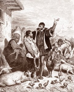 Don Quichotte persuade son voisin Sancho Panza de devenir son écuyer en lui promettant de le faire gouverneur de quelque île conquise Gravure de Gustave Doré (1832-1883) pour « L