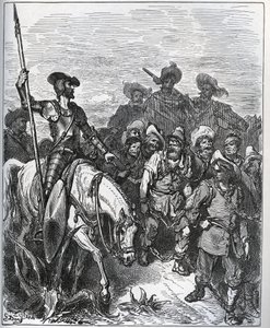 Don Quichotte interroge les forces sur les raisons de leurs condamnations - de « Don Quichotte de la Manche » par Miguel Cervantes (1547-1616) (Don Quichotte) - Gravure sur bois d