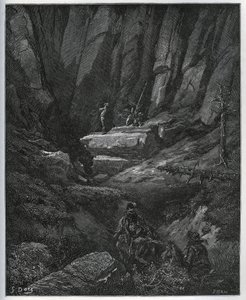 Dorothée et le barbier viennent chercher Don Quichotte alors en pénitence - de « Don Quichotte de la Manche » par Miguel Cervantes - Gravure sur bois d