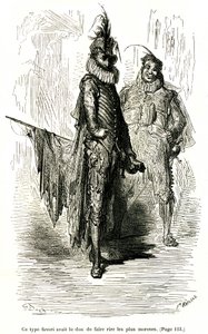 Gravure de Gustave Doré illustrant le roman de Théophile Gautier "Le Capitaine Fracasse". Édition Charpentier 1863. Deux comédiens (acteurs de la commedia dell