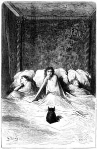 Gravure de Gustave Doré illustrant le roman de Théophile Gautier « Le Capitaine Fracasse ». Édition Charpentier 1863. Dans la résidence du Baron de Sigognac, le « Château de la Misère », une troupe de comédiens a trouvé refuge. Trois actrices se sont endor