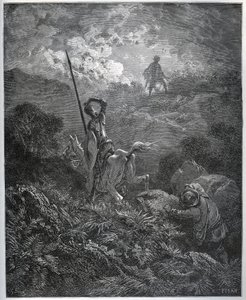 Première apparition de la Déguisée-de-la-Malaise-Mine - de « Don Quichotte de la Manche » par Miguel Cervantes (1547-1616) - Gravure sur bois d