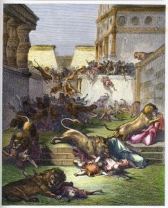 Étrangers dévorés par des lions en Samarie - Ancien Testament. Personnes dévorées par des lions en Samarie - gravure dans « La Bible illustrée » par Gustave Doré - Gravure de « La Bible de Doré »