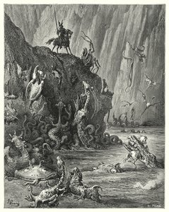 Don Quichotte de Gustave Doré : "Un vaste lac de poix bouillante, dans lequel une multitude infinie de créatures féroces et terribles traversent en arrière et en avant" - Gustave Dore